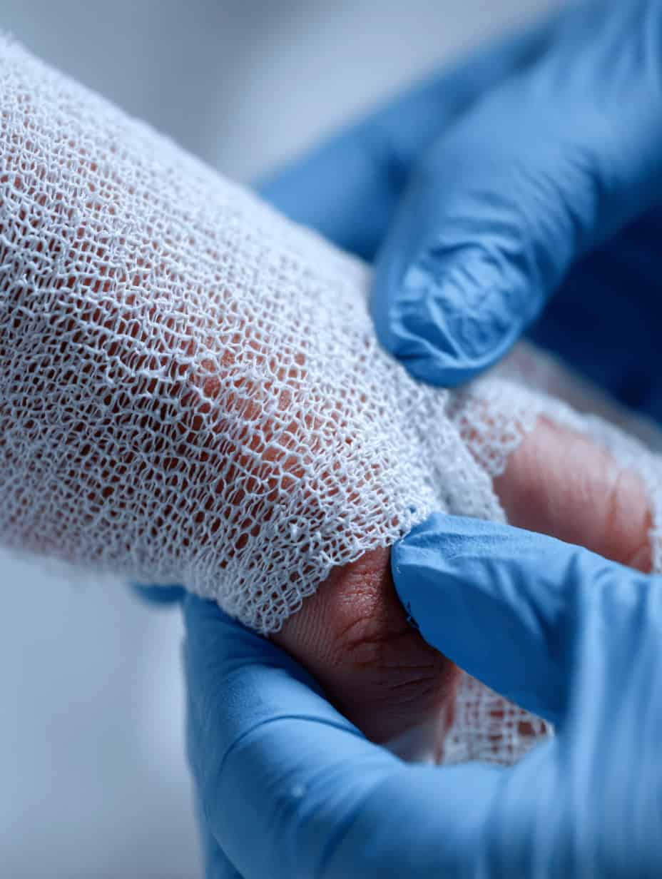 Medical professional applying biologic wound therapy for diabetic ulcer